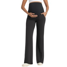 V VOCNI Maternity Pants Wide Leg Yoga Dress Work Pregnancy Pants Lounge Sweatpants Loose Trousers Black Medium