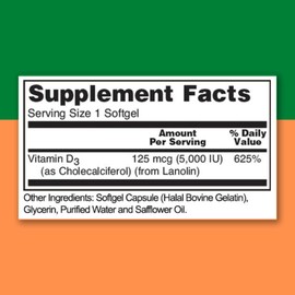 Zaytun Halal Vitamin D3 5000 IU, 180 Mini Softgels, Supports Bones, Healthy Muscle Function & Immune, Premium Vitamin D from Safflower Oil, 6 Months Supply, Non-GMO, Gluten-Free, Made in USA