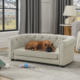 Pet Sofa with Arc-shaped Backrest and Armrests, Contemporary Rectangular Pet Sofa Crafted From Breathable LinenColor: Green + Foam
