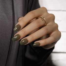 KQueenest Olive Green Press On Nails Short Coffin - Acrylic Press On Nails with Glue, Ballerina Medium Short Fake Nails Press ons, Glossy Opaque, Reusable Soft Gel Glue on Nails for Women, 30 Pcs