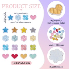 Craftdady 32pcs Flower Star Heart Sew On Patches for Clothes Embroidery Iron On Patches Flower Applique for Jackets Jeans Backpacks Dress Pants Hats DIY Repair Decoration 16.5-21.5 mm