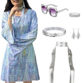 Huralona 70s Women Disco Costume Set Sequin Scarf Dress and Accessories Disco Party Sunglasses Earring for Dance Party (Silver Accessories, L)