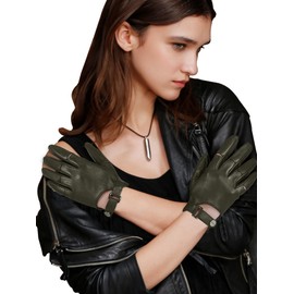 FIORETTO Women's Genuine Leather Gloves for Driving, Motorcycle-Unlined Thin Touchscreen Sheepskin Gloves for Ladies Armygreen Medium