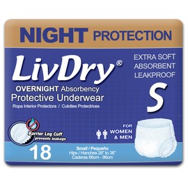 LivDry Adult S Incontinence Underwear, Overnight Comfort Absorbency, Leak Protection, Small, 18-Pack