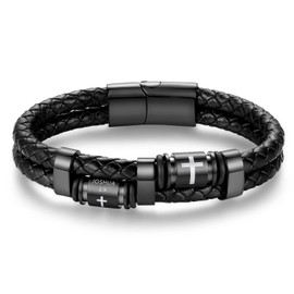 ASUWISH Bible Verse Cross Bracelets for Men Multi-Layer Braided Leather Bracelet Cuff Bangle for Men(ISBA)