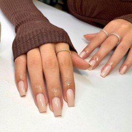 KQueenest Acrylic Press on Nails Long Square, Nude False Nails Long Medium Coffin, Glossy Natural Solid Color Fake Nails Set, Reusable Gel Stick on Nail for Women Finger Daily Wear 24 Pcs