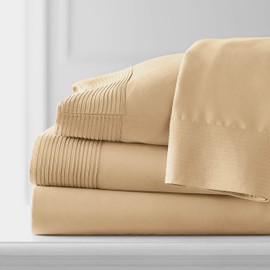 SouthShore FINE LIVING Vilano Pleats, 3-Piece, 21-Inch Extra Deep Pocket Sheet Set, Premium Quality, Easy Care, Shrinkage Free, Sheet Set, Gold, Twin