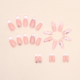 24 Pcs Acrylic Press on Nails - Medium Long Square Ballet Shape French Tip Pink False Nails Art with Flower Rhinestones, Glue On Nail Designs Reusable False Nails for Women, White Pink Flower Diamond