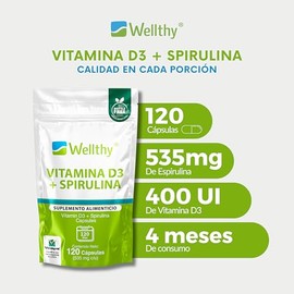 Wellthy Vitamina D3 400 unidades + Espirulina 120 Cápsulas. Reforzado con 535mg de Espirulina, VCaps Cápsulas Veganas. Bottle Free.