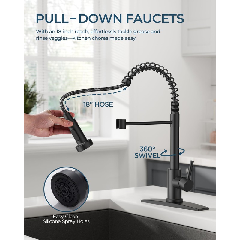 FORIOUS Black Kitchen Faucet with Pull Down Sprayer, Stainless Steel