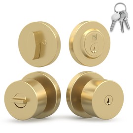 Mega Handles - Buena Entry Combo I Entry Door Knob and Single Cylinder Deadbolt Lock and Key Combo Pack - Heavy Duty Locking Door Knob for Left or Right-Handed Doors - Satin Brass