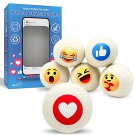Wool Dryer Balls - XL 6-Pack Reusable Fabric Softener with Unique Designs - Natural Laundry Dryer Ball for Energy Saving & Wrinkle-Free Clothes - Gift Idea for Mother's Day (Emoji Dryer Balls)