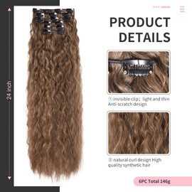 Flufymooz Clip In Hair Extensions,6PCS Hair Extensions Long Mermaid Waves Wavy Synthetic Clip On Hairpiece For Women 24 Inch (Medium Brown with Medium Auburn)