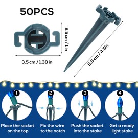 50pcs Plastic Light Stakes, 4.6 inch Christmas Yard Stakes Universal Light Stakes for Christmas String Lights Outdoor Garden Lawn Patio Path Walkway Holiday Party