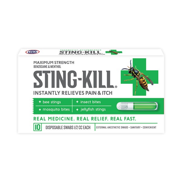 Sting-kill First Aid Anesthetic Swabs, Instant Pain + Itch Relief from Bee Stings and Bug Bites, 10-Count