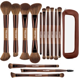 MAANGE Set Profesional de 13 Brochas para Maquillaje Doble Punta(26 Usos),Kit Brochas de Maquillaje Completo para Base Líquida/Polvo,Contorno,Corrector y Sombras de Ojos(Marrón)