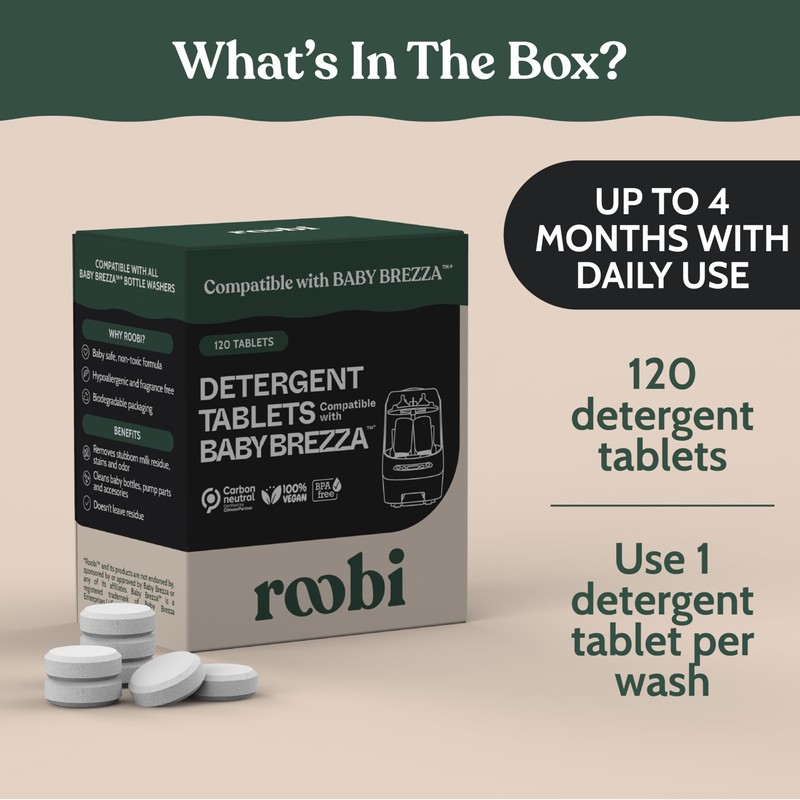 Roobi Detergent Tablets Compatible with Baby Brezza Bottle Washer Pro.