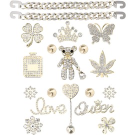 Bling Chain Charms for Clog Shoes Decoration, Luxury Rhinestone Cute Diamond Bear Love Flower Butterfly Crown Designer Jewelry Shoe Accessories for Women Girls Adults Gifts (Gold)