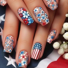 Curvlife Tip Press on Nails Acrylic Fake Nails with Design Full Cover False Nails for Women Reusable Nail Kit with Nail Glue Adhesive Tabs Nail File (freedom flower, Medium)