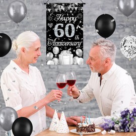 60th Anniversary Decorations Small Banner Black Silver Happy 60th Anniversary Door Hanging Banner Porch Front Door Decor for Women Men 60th Diamond Wedding Anniversary Party Cruise Door Sign Supplies