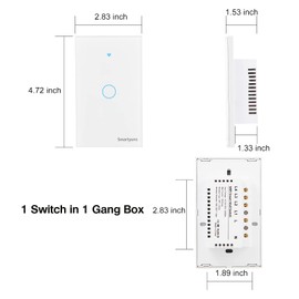 Smartyuns WiFi Smart Light Switch White, Modern Tempered Glass Panel Wall Touch Switch US Standard Single Pole Switches Works with Alexa, Google Assistant,SmartLife APP(1 Gang Light Switch White)