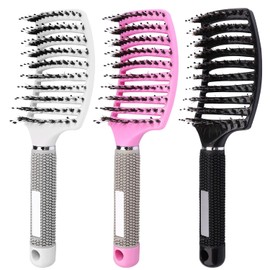 Boar Bristle Hair Brush, 3 Pcs Curly Hair Brush Wet Brush Detangle Hair Brush Vented Hair Extension Brushes Slick Back Hair Brush Women Men Natural Curly Straight Hair Comb (Black Pink White)