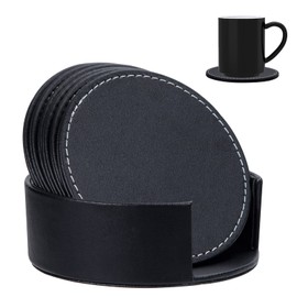 Drink Coasters PU Leather Coaster Black Cup Pad Round Coffee Drink Mat for Home and Bar Set of 6 with Holder