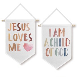 Baby Girls Boys Nursery Decor Set - Jesus Loves Me Christian Canvas Banner, Boho Bible Verse Kids Bookshelf Decor, Toddler Girls Room Decor, 11 X 15 Inch Set of 2