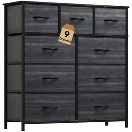 DWVO Dresser with 9 Drawers - Fabric Storage Tower, Organizer Unit for Living Room, Hallway - Sturdy Steel Frame, Wooden Top & Easy Pull Fabric Bins