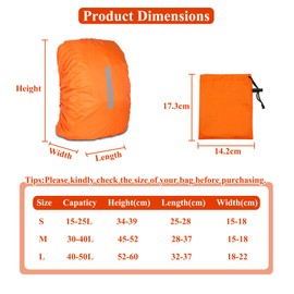 Waterproof Backpack Cover with Reflective, 15L-25L Rucksack Rain Cover with Storage bag, Rainproof Rucksack Cover for Hiking Camping Traveling Cycling (Orange, S)