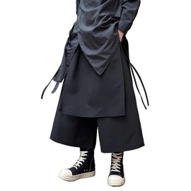 AITFINEISM Men's Casual Skirt Pants Loose Wide Leg Harem Pant Japanese Harajuku Kimono Trousers (Medium, Black)