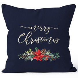 Autiga Cushion Cover Christmas Merry Christmas Flowers Poinsettia Christmas Star Flower Merry Christmas Navy 40 cm x 40 cm