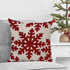 FJPT Christmas Snowflakes Throw Pillow Cover Beautiful Red Snowflakes Linen Cushion Cover for Sofa Bed Winter Soft Pillowcase 22x22 Inch