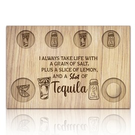 BENECREAT Tequila Shot Glasses Serving Tray, Wooden Flight Tray Glass Holder with Lemon Salt Rim Shot Glasses Board for Bar, Restaurant, Party, Family Gathering, 7.87x11.8 Inch