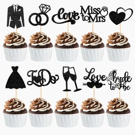 60 Pcs Bride to be Cupcake Toppers,Glitter Wedding Cupcake Toppers I Do Love Heart Ring Cupcake Picks for Bridal Shower Wedding Engagement Party Supplies,Black
