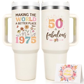 Gtmileo 50th Birthday Gifts for Her Women, 1975 Birthday Gift For Women 40oz Tumbler with Handle, 50 Year Old Birthday Gifts for Women, Cool Gifts for 50th Birthday Woman for Friends Family, Beige