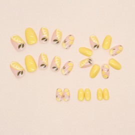 Yellow Press on Nails Short Oval Fake Nails Summer Nails Press ons Glossy Glue on Nails Full Cover Acrylic Nails Nude False Nails with Fruit Designs Cute Stick on Nails for Women 24Pcs