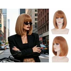 NJJYXH 14 Inches Strawberry Blonde Wigs for Women Short Straight Bob Wig with Neat Bangs Synthetic Hair for Daily Use,Cosplay, Halloween
