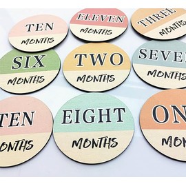 Arooow Monthly Baby Milestone Wooden Circles - 6 Pack Double Sided Printed Milestone Signs, Warm Tones and Wood Color, Baby Announcement Signs Great for Newborn Photography Props (Warm Tones)
