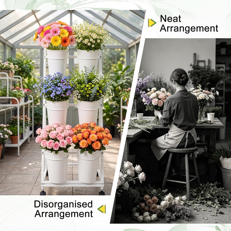 2 Pack Flower Display Stand with 12 Buckets, Wheels &