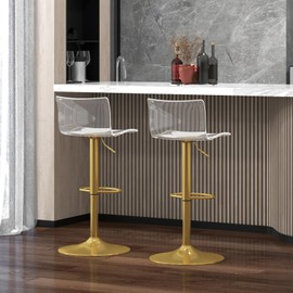 Brage Living Acrylic Bar Stools with Mid Back, Set of 2, Transparent Adjustable Swivel Airlift Barstools, Counter Height Bar Chairs for Kitchen Dining Pub Cafe (Clear, Gold Base)