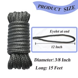 Boat Dock Lines, 3/8" x 15' Black Double Braided Nylon Dock Lines with 12” Loop, Premium Marine Rope Mooring Lines- 2 Pack