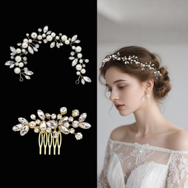 2 PCS Bridal Hair Set Pearl Headband Crystal Rhinestone Hair Comb Handmade Wedding Hair Accessories for Brides Bridesmaids