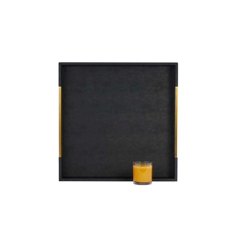 Extra Large Black Shagreen Leather Ottoman Tray with Gold Handles