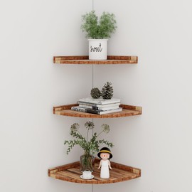 JF HOME BLISS 3x Corner Shelf Set Solid Pine Wood Floating Wall Shelves Rustic & Vintage Style High Weight Capacity (20kg/Shelf) for Bedroom Bathroom Kitchen Living Room Office (Wood)