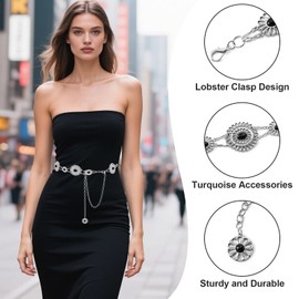 NEOREAL Chain Belt Rhinestone Metal Link Western Bling Cowgirl Cowboy Turquoise for Dress Jeans Country Concert, Black