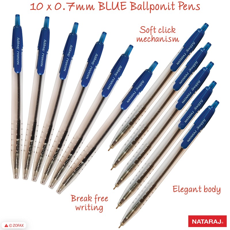 NATARAJ Snappy Ballpoint Pens, Retractable, BLUE, 0.7mm Fine Point, Pack