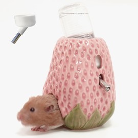 Zhilishu Hamster Water Bottle with Stand,2-in-1 Adjustable Small Animal Drinking Bottle 80ML Gerbil Water Bottle with Stand,No Drip Chew Proof Strawberry Water Bottle Holder for Guinea Pigs Mice Rat