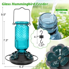 FEED GARDEN FEED GARDEN Glass Hummingbird Feeder for Outdoors Hanging, 16 OZ Humming Birds Feeders with 4 Bee Guard Feeding Ports & Built-in Ant Moat, Hummingbird Gifts for Mom, Bird Feeder for Outside, Blue