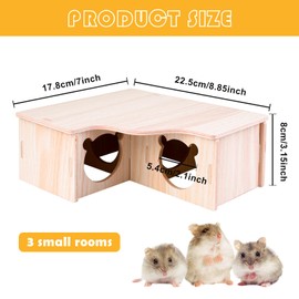 Hamster Corner House, Guinea Pig House, Wooden Hamster House, 3 Chamber Rodents House Hamster Hiding House Wood for Small Pets Chinchilla Rat, Dwarf Hamster, Gerbils, Degus, Spines